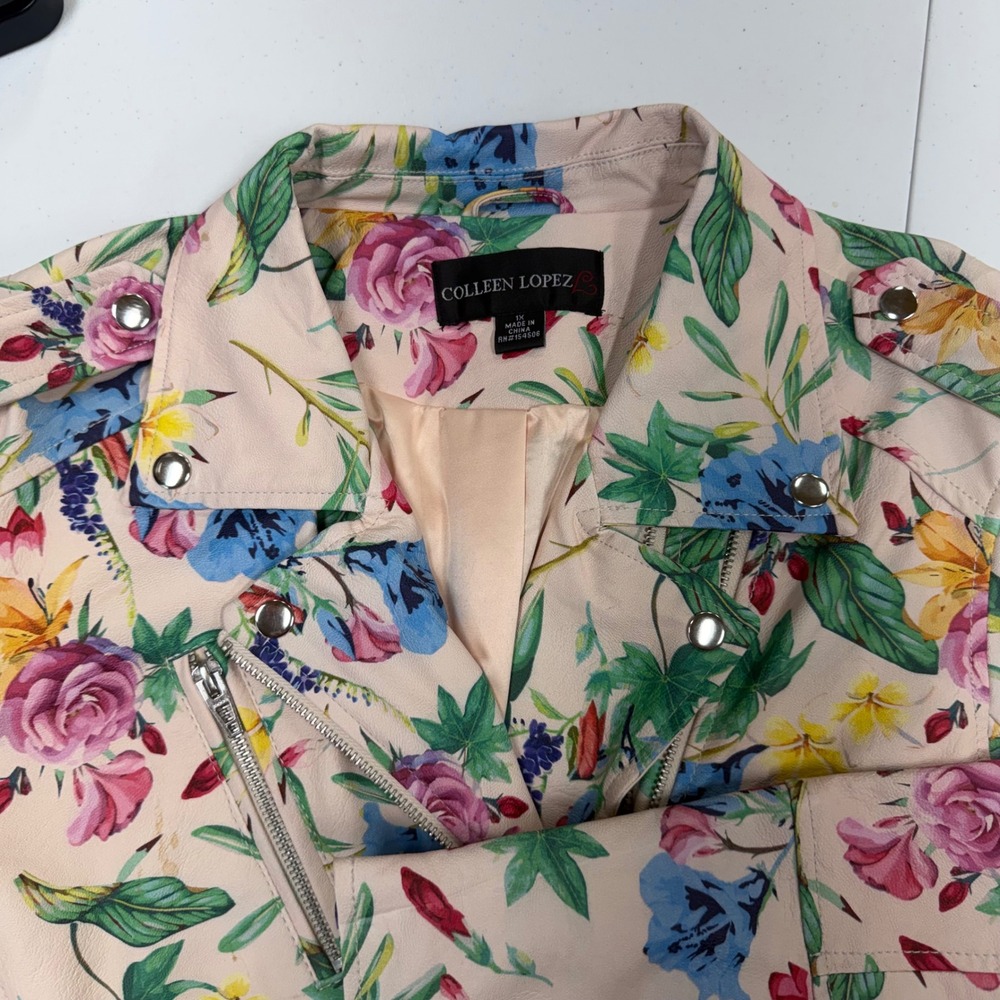 Colleen Lopez Womens Floral Faux Leather Moto Jacket Pink Blush Size 1X